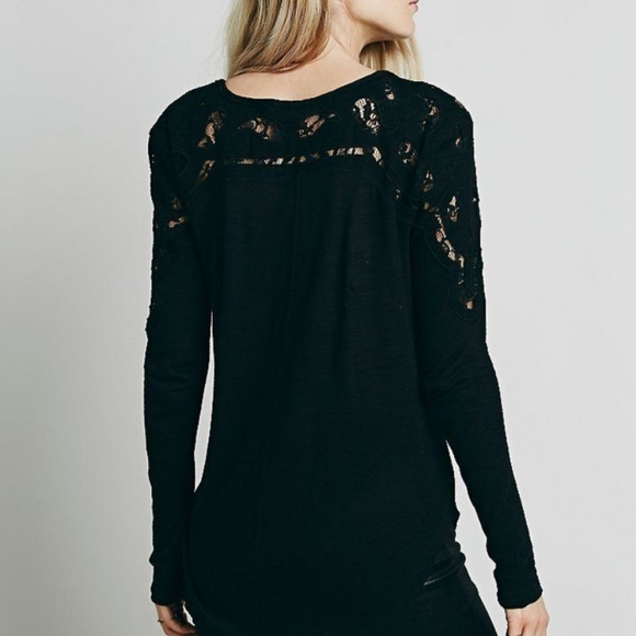 Free People Jennie Tee Black Crochet Trim Lace Up Long Sleeve Top Small Boho - Picture 6 of 10